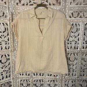 Studio West Shirt Women’s Beige Multi Color Striped Short Sleeve Textured Boho M